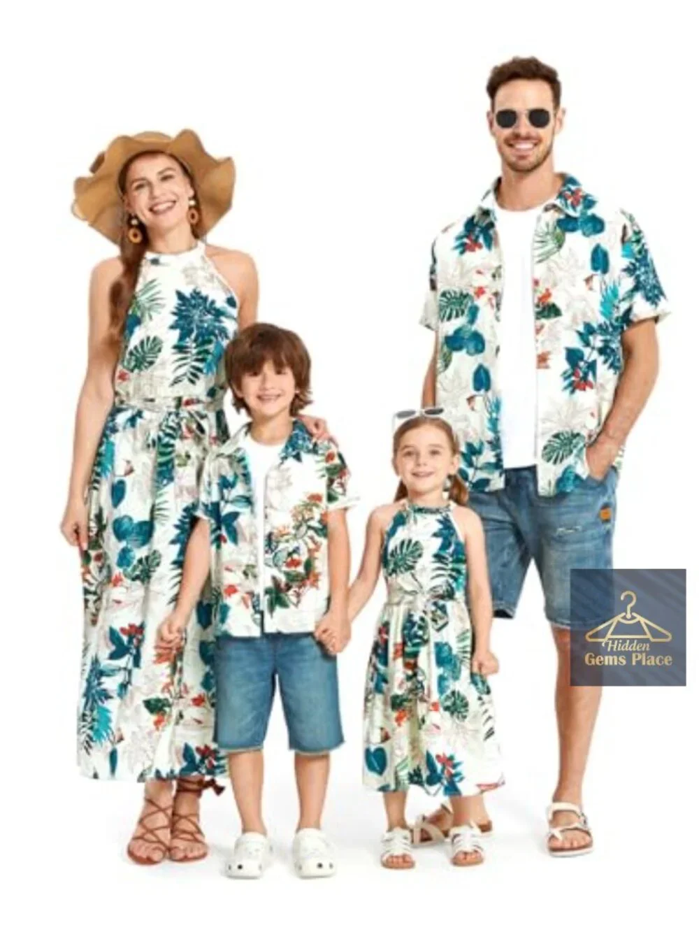 Matching Mommy and Me Halter Dress & Aloha Shirt Set, Floral Print Vacation